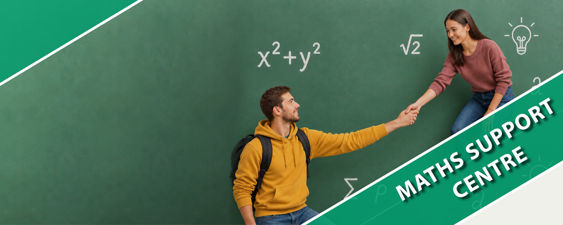 A young woman is standing on a raised platform; her hand reaches out to help a young man standing at the foot of the platform; mathematical formulae can be seen in the background